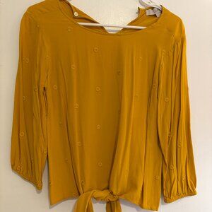 Loft Yellow Floral Embroidered Front Tie Blouse - SP